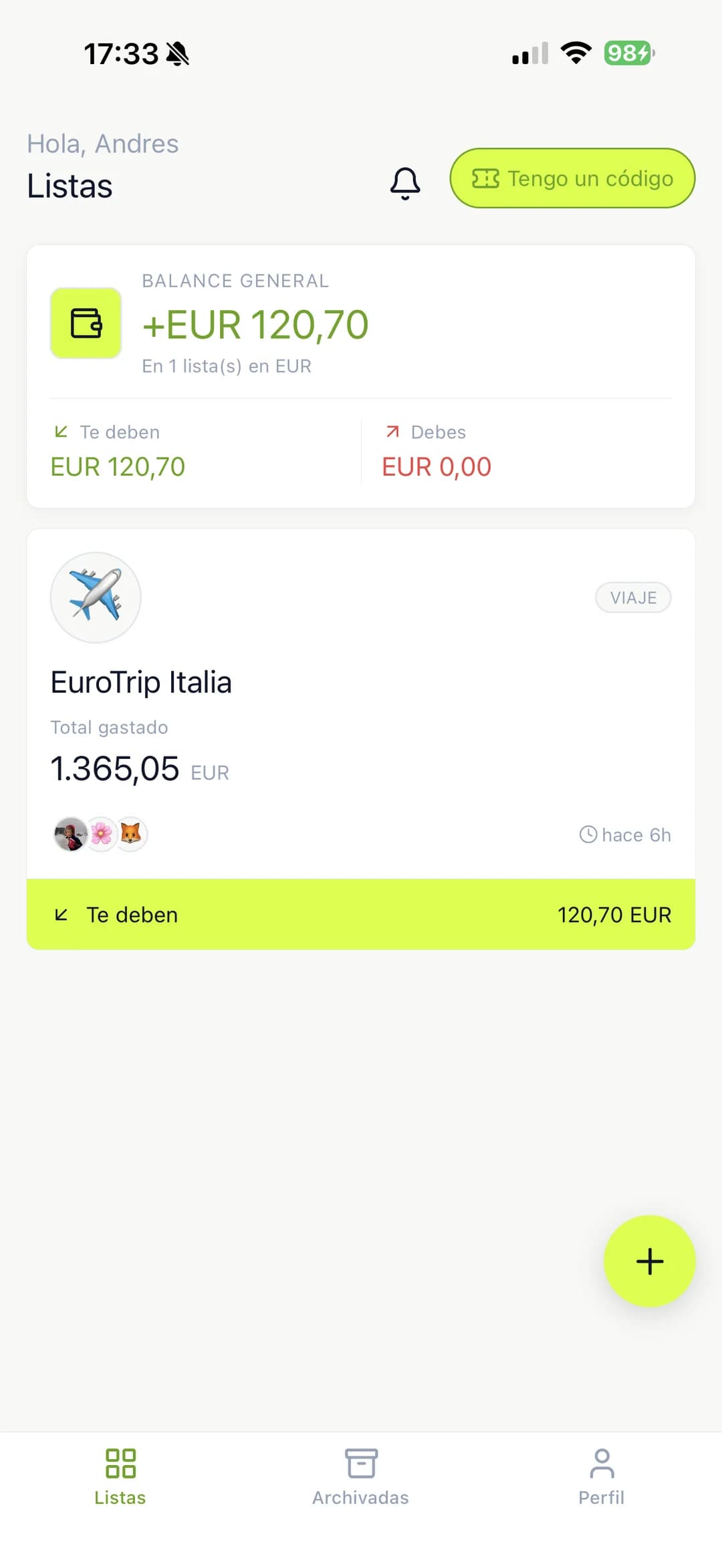 Captura de Im In Expensive mostrando balances del grupo
