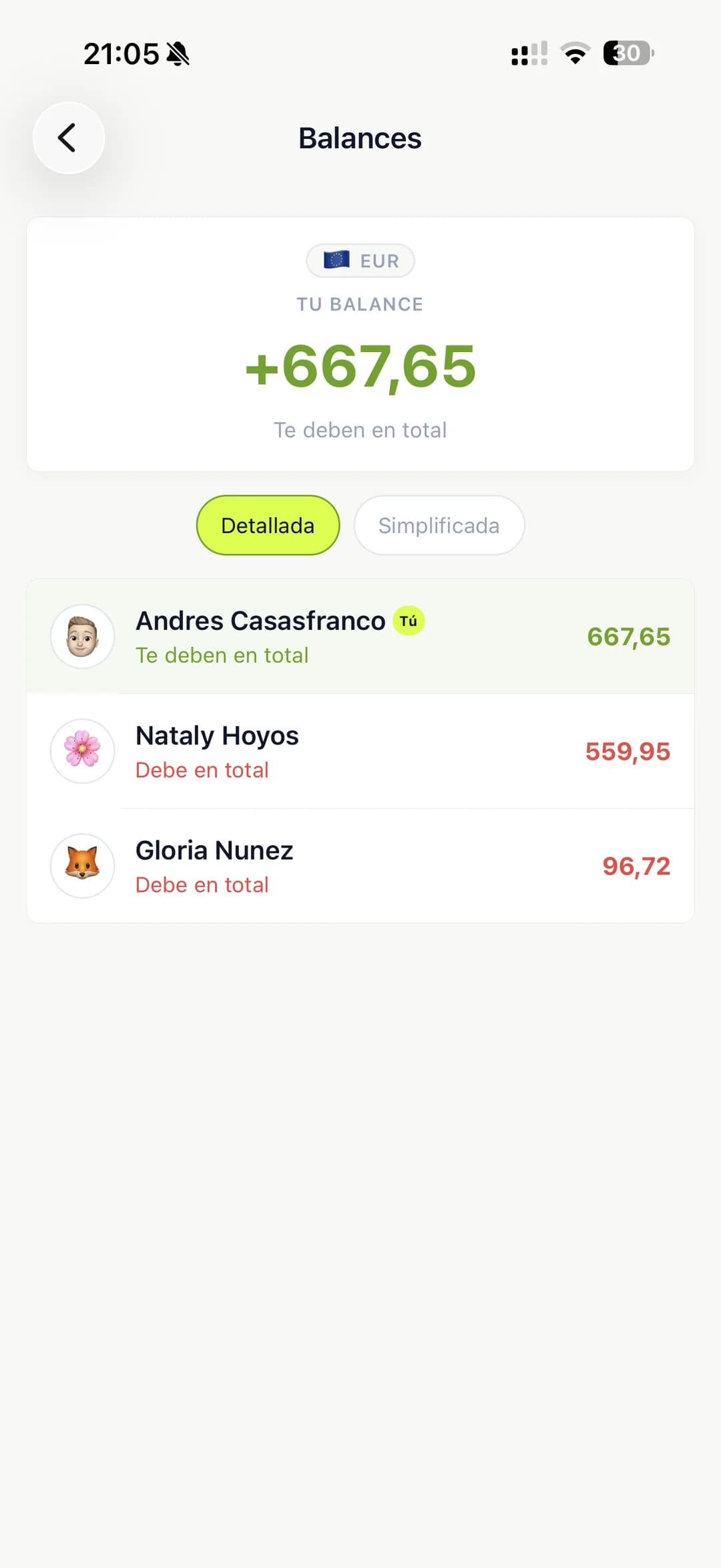 Pantalla de balances mostrando quién le debe a quién en el grupo